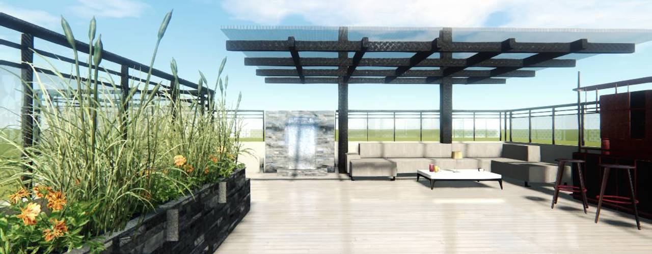 Diseno y Construccion de Terraza Lounge Bar CDMX, Arqos Arquitectos Arqos Arquitectos Modern style balcony, porch & terrace Iron/Steel