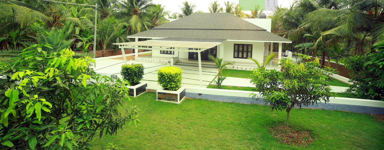 บ้านเดี่ยวชั้นเดียวสีขาว สวยสร้างง่ายสไตล์โมเดิร์น | homify | homify