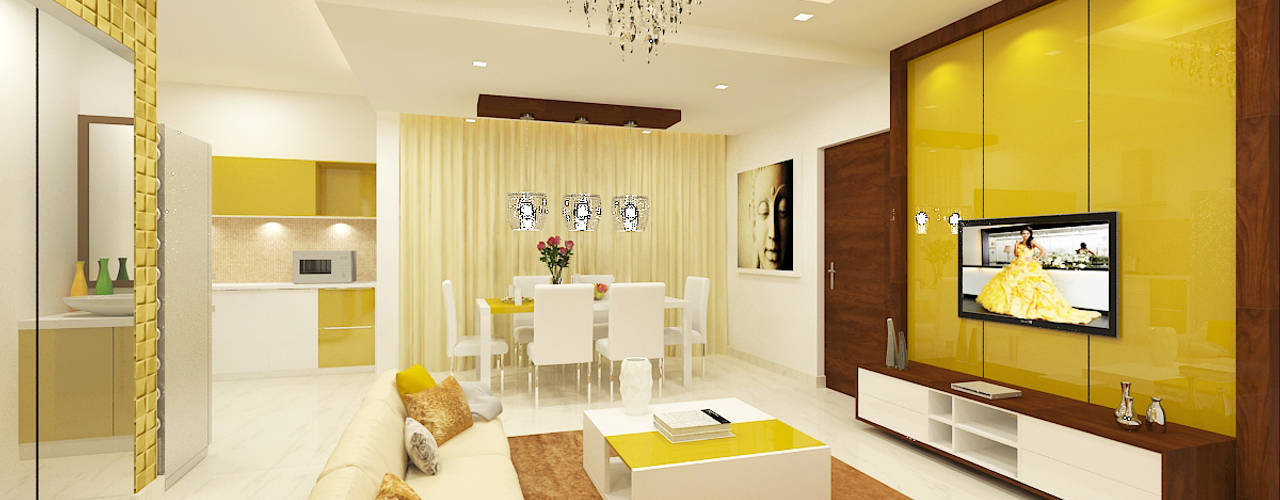 Jain Heights Apartment Interiors, Bangalore., Kredenza Interior Studios Kredenza Interior Studios Moderne woonkamers