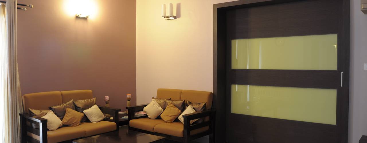 2 BHK APARTMENT INTERIORS IN BANGALORE, BENCHMARK DESIGNS BENCHMARK DESIGNS Nowoczesny salon Sklejka