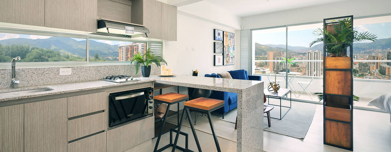 Aparta estudio Monteazul 48 metros cuadrados, Maria Mentira Studio Maria Mentira Studio Built-in kitchens چپس بورڈ