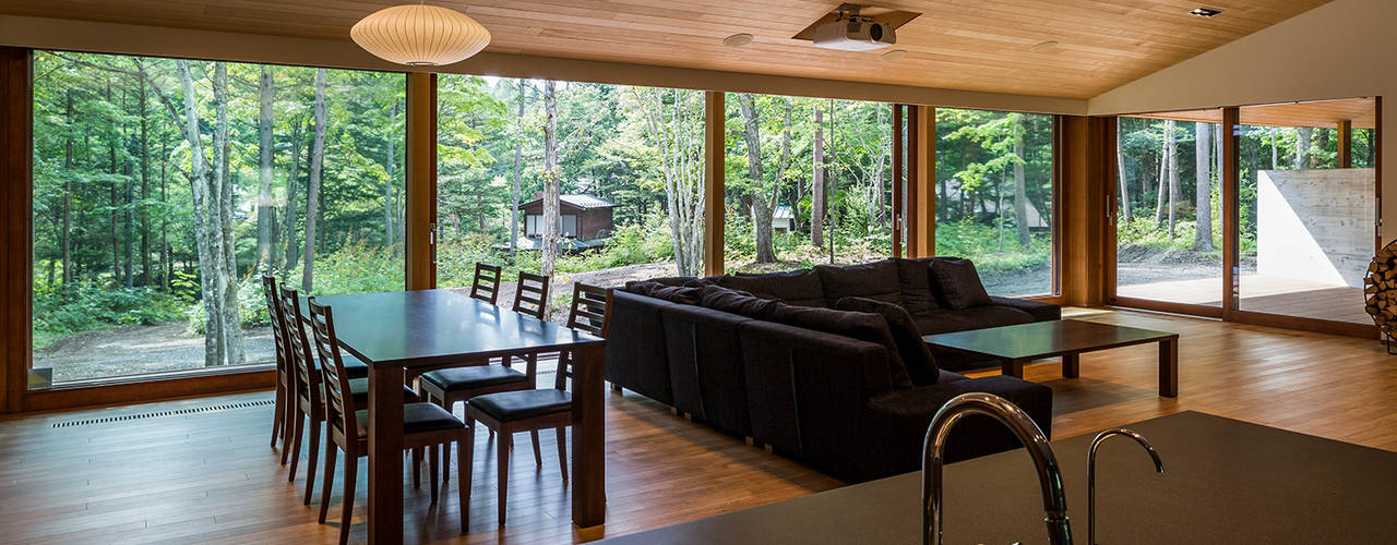 軽井沢の別荘（SIM邸）, アトリエ慶野正司 ATELIER KEINO SHOJI ARCHITECTS アトリエ慶野正司 ATELIER KEINO SHOJI ARCHITECTS Living room Wood Wood effect