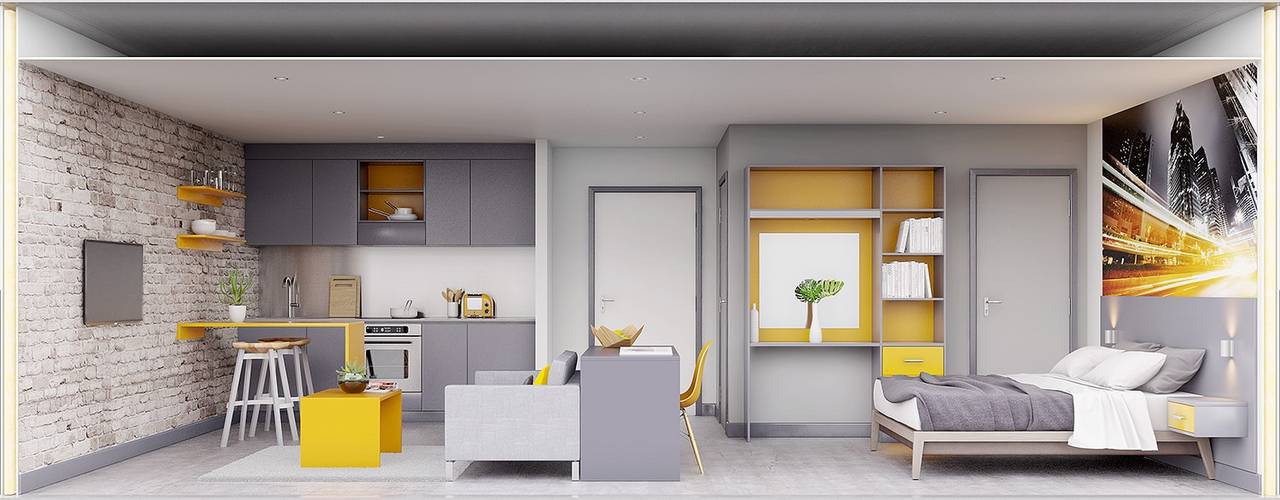 New Studio Apartment, CRISP3D CRISP3D ห้องนอน อิฐหรือดินเผา