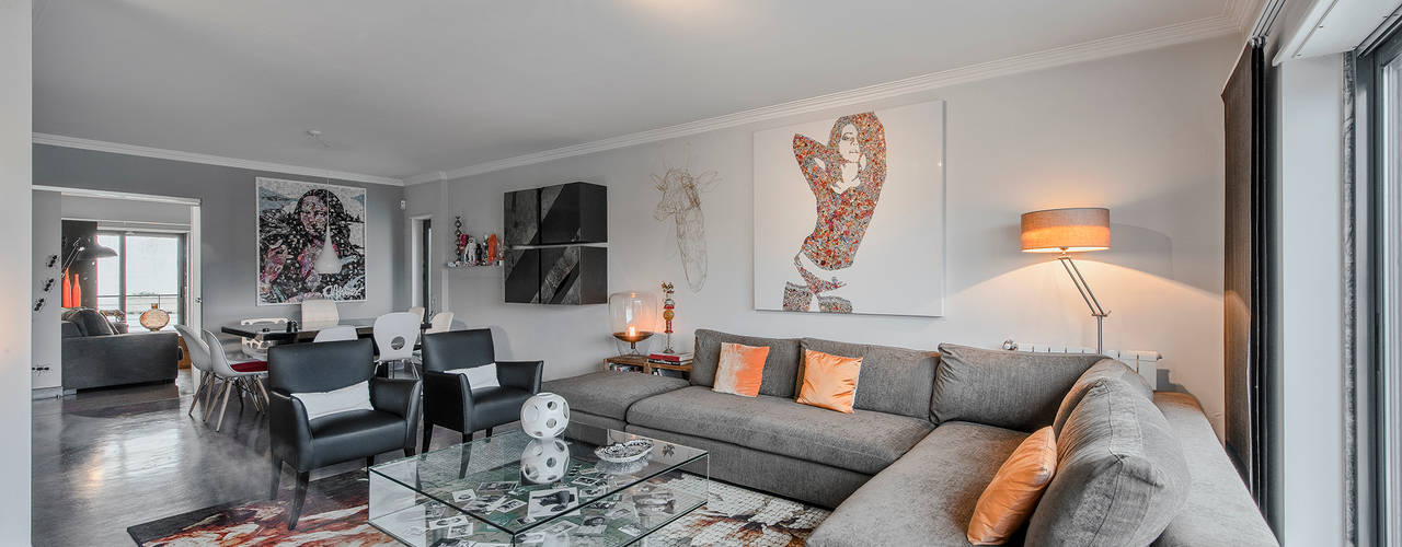 Remodelação total em Apartamento no Estoril, ARQ1to1 - Arquitectura, Interiores e Decoração ARQ1to1 - Arquitectura, Interiores e Decoração Living room