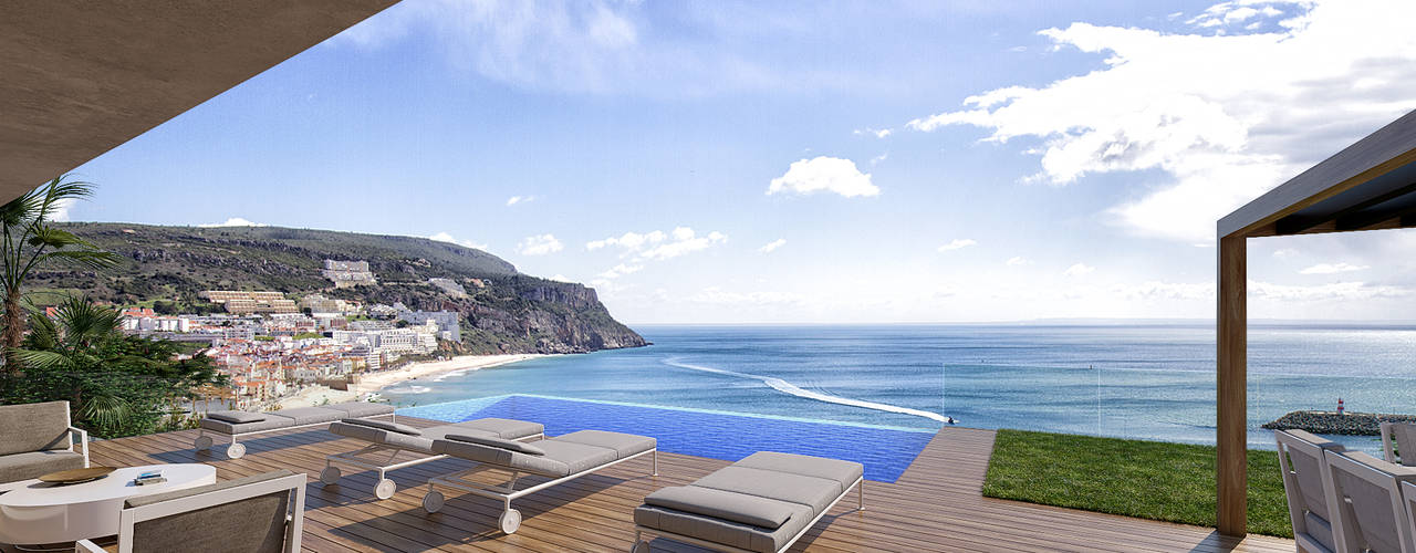 CASA SP1 - Moradia em Sesimbra, Traçado Regulador. Lda Traçado Regulador. Lda Infinity pool Beton