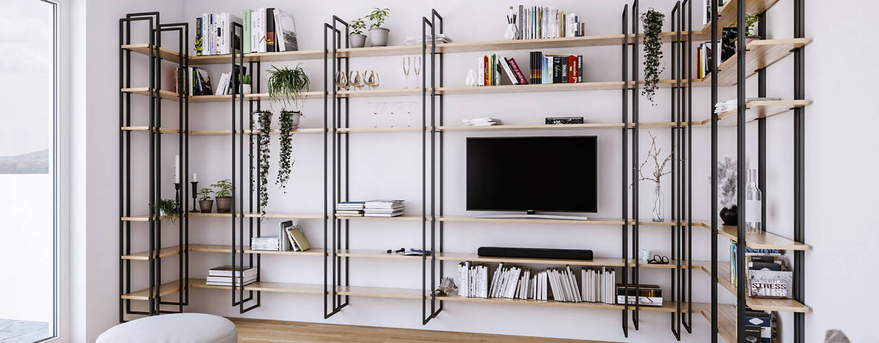 Shell: Una libreria a parete modulare con il design minimal e funzionale, Damiano Latini srl Damiano Latini srl Modern Living Room Iron/Steel