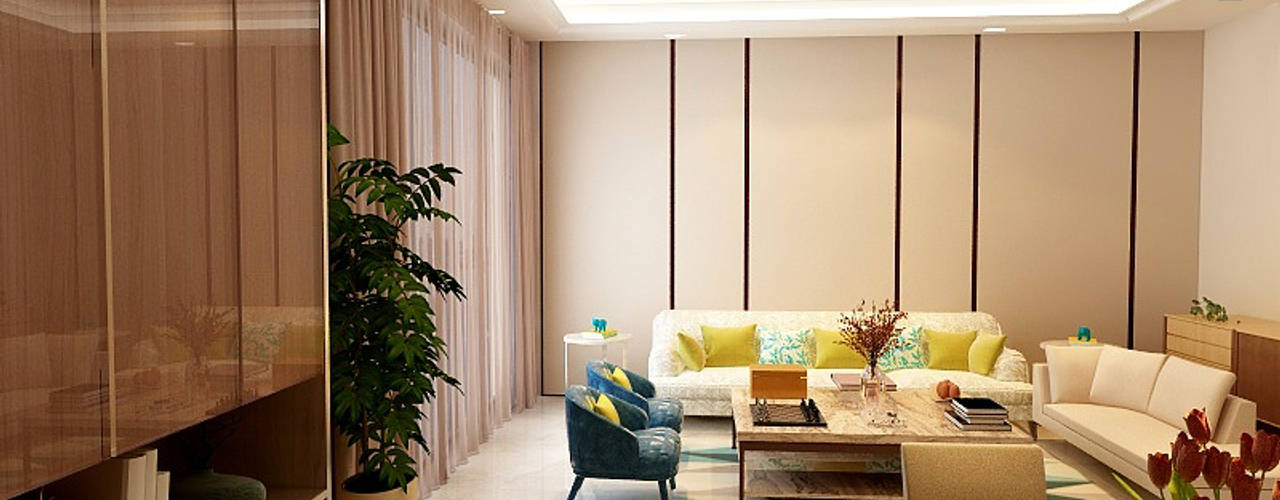 LIVING AND DINING AREA DESIGN (GURGAON), Matter Of Space Pvt. Ltd. Matter Of Space Pvt. Ltd. Modern living room Plywood Pink