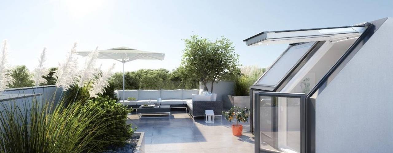 TU TERRAZA: TU NUEVO OASIS CON VELUX, VELUXMadrid VELUXMadrid Balcones y terrazas de estilo moderno Vidrio