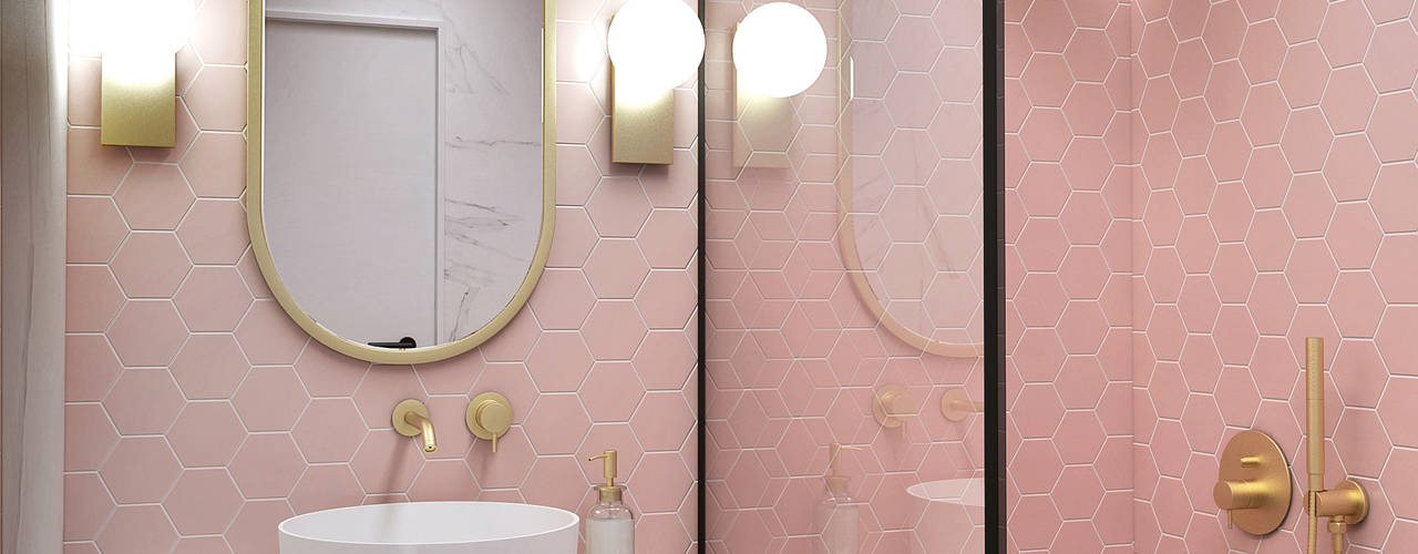 Projecto 3D de casa de banho em tons de rosa e apontamentos de ouro, Smile Bath S.A. Smile Bath S.A. Casas de banho minimalistas Rosa