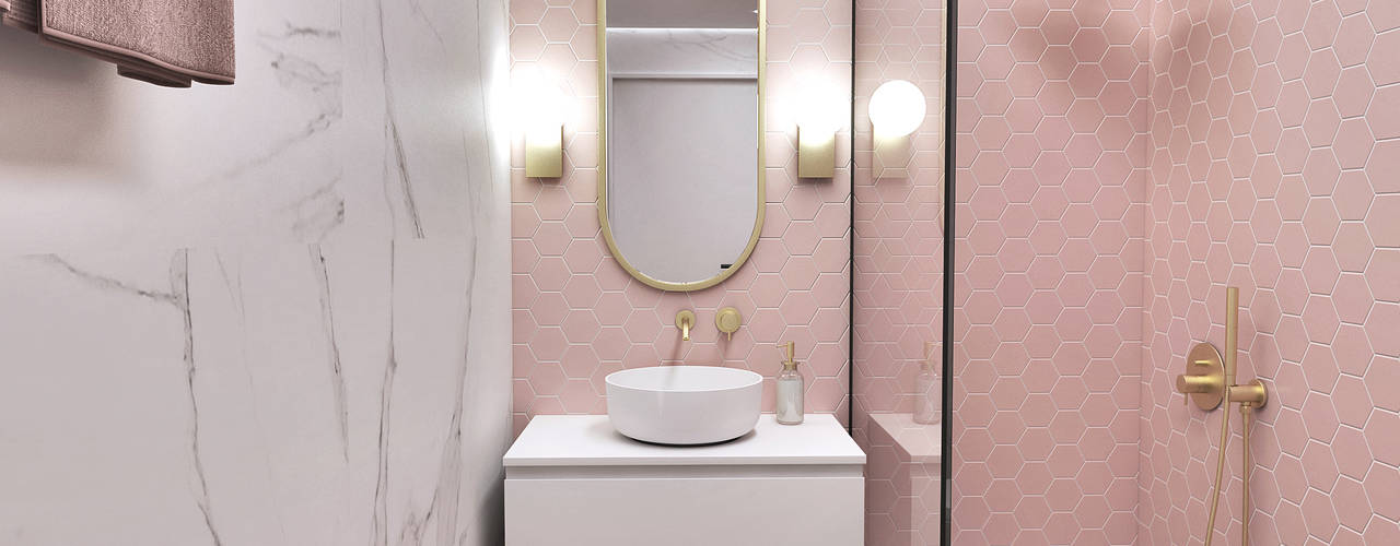 Projecto 3D de casa de banho em tons de rosa e apontamentos de ouro, Smile Bath S.A. Smile Bath S.A. Casas de banho minimalistas Rosa