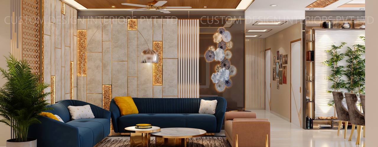 Mr. Amit Sharma's Latest Luxurious Living cum Dining Room | Mukundpur, Kolkata, CUSTOM DESIGN INTERIORS PVT. LTD. CUSTOM DESIGN INTERIORS PVT. LTD. Modern living room Iron/Steel Amber/Gold
