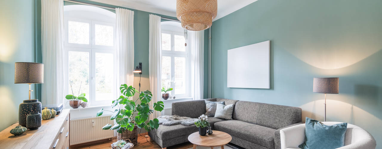 Gemütliche Wohlfühlwohnung im skandinavischen Stil, Wind und Wasser Wind und Wasser Skandinavische Wohnzimmer Holz Grün