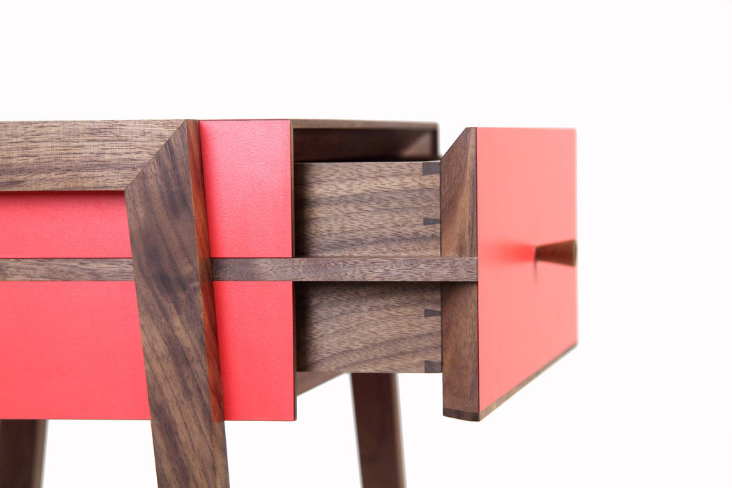 Animate Bedside Table in Red Formica and Walnut Young & Norgate Quartos modernos Mesa de cabeceira