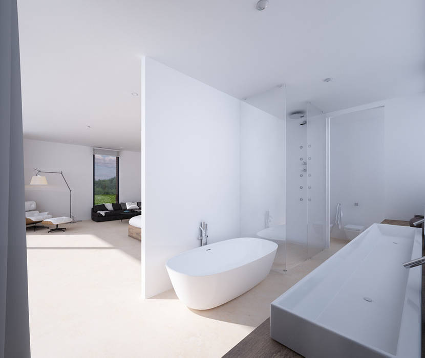 Una Residencia Minimalista y Moderna con una gran Piscina, DUE Architecture & Design DUE Architecture & Design Baños de estilo moderno