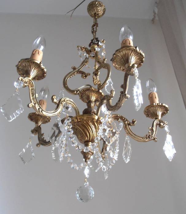 French solid bronze vintage crystal chandelier, 5 arms, 50s, gilded, great details, Paris apartment, Milan Chic Chandeliers Milan Chic Chandeliers