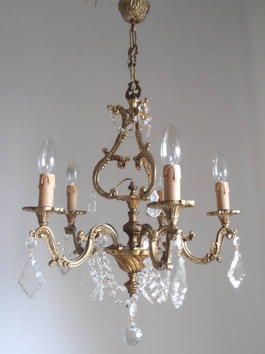 French solid bronze vintage crystal chandelier, 5 arms, 50s, gilded, great details, Paris apartment, Milan Chic Chandeliers Milan Chic Chandeliers