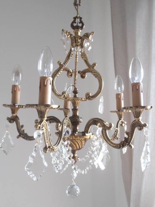 French solid bronze vintage crystal chandelier, 5 arms, 50s, gilded, great details, Paris apartment, Milan Chic Chandeliers Milan Chic Chandeliers