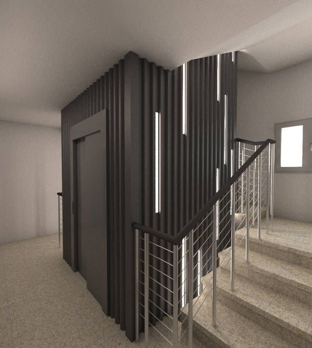 Instalación de ascensor Cantalejo (Segovia) Q:NØ Arquitectos Pasillos, vestíbulos y escaleras de estilo industrial