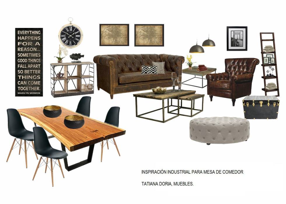 Mesa de comedor estilo industrial, Tatiana Doria, Diseño de interiores Tatiana Doria, Diseño de interiores ห้องทานข้าว โต๊ะ