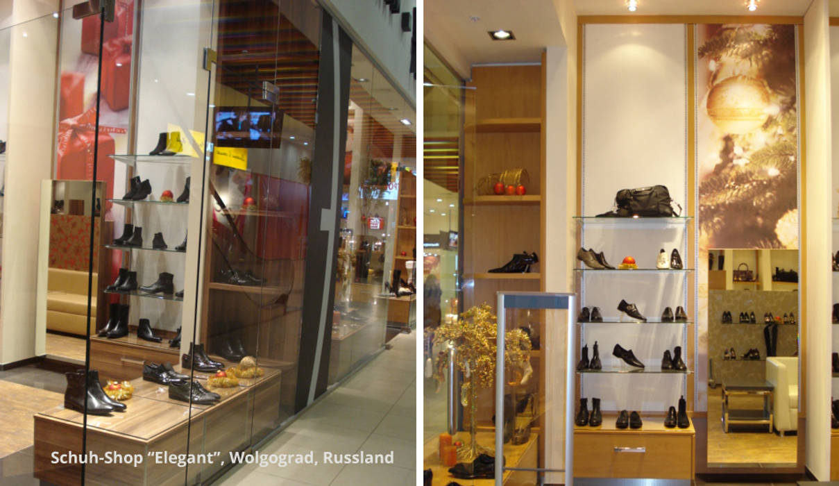 Innenarchitektonische Gestaltung eines Schuhshops "Elegant" - Wolgograd, Russland, GID / GOLDMANN-INTERIOR-DESIGN GID / GOLDMANN-INTERIOR-DESIGN Gewerbeflächen Ladenflächen