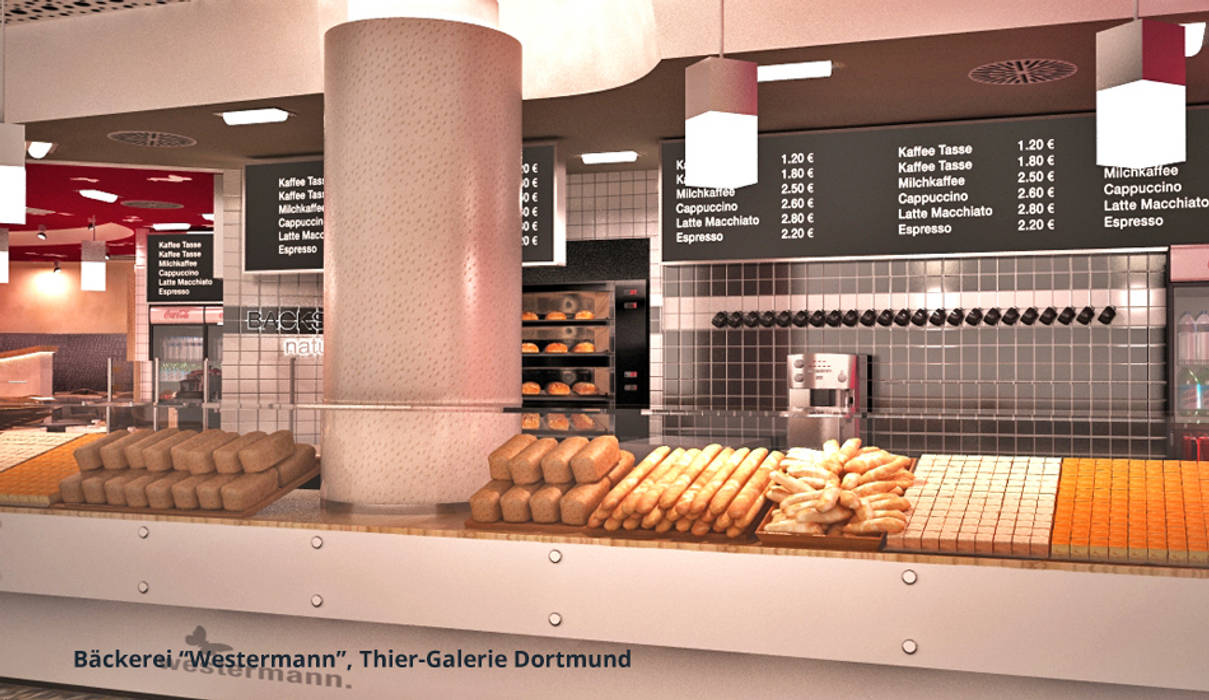 Innenarchitektonische Gesamtkonzeption Bäckerei Westermann - Dortmund, GID / GOLDMANN-INTERIOR-DESIGN GID / GOLDMANN-INTERIOR-DESIGN พื้นที่เชิงพาณิชย์ ไม้เอนจิเนียร์ Transparent ร้านอาหาร