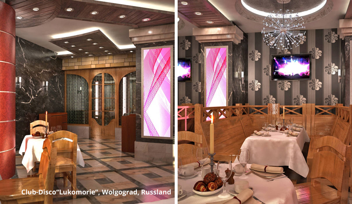 Innenarchitektonische Neugestaltung eines Clubs mit Restaurant "Lukomorie" - Wolgograd, Russland, GID / GOLDMANN-INTERIOR-DESIGN GID / GOLDMANN-INTERIOR-DESIGN พื้นที่เชิงพาณิชย์ ไม้จริง Multicolored ร้านอาหาร