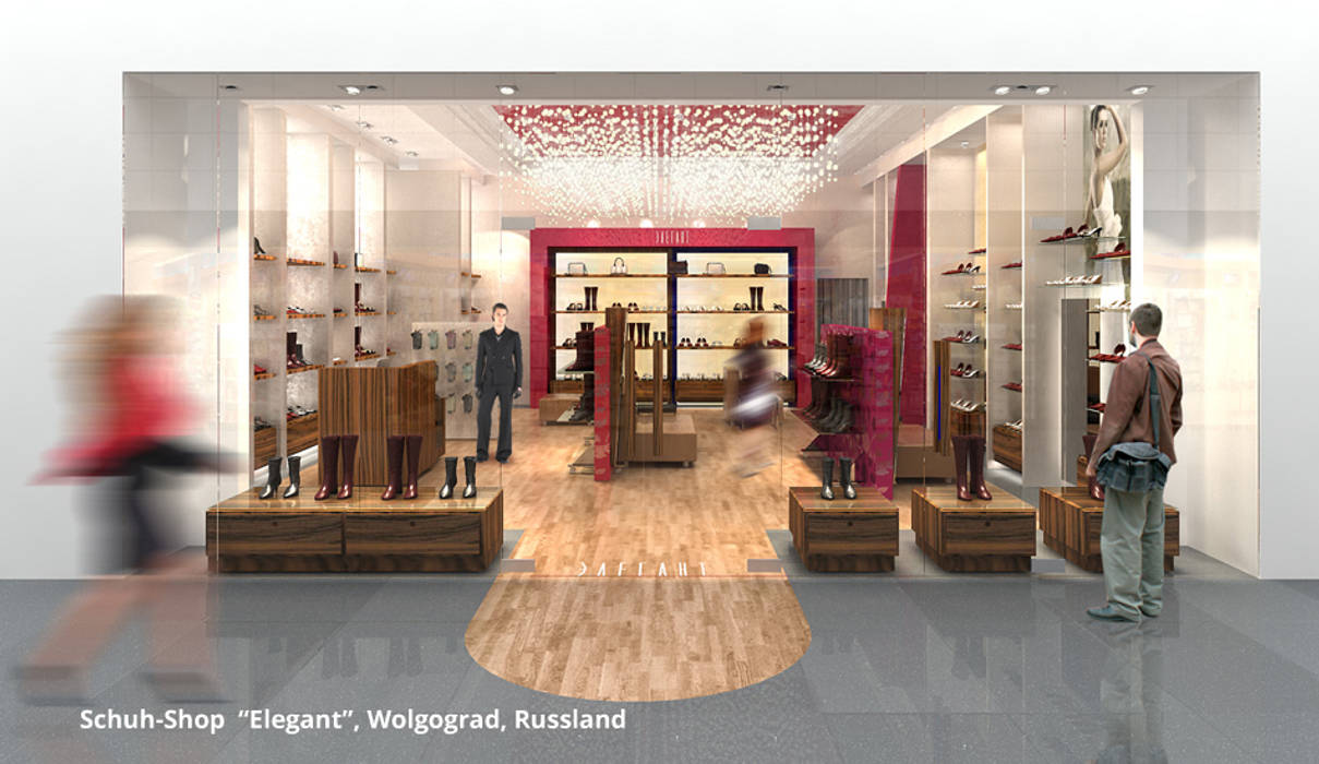 Innenarchitektonische Gestaltung eines Schuhshops "Elegant" - Wolgograd, Russland, GID / GOLDMANN-INTERIOR-DESIGN GID / GOLDMANN-INTERIOR-DESIGN Ruang Komersial Ruang Komersial