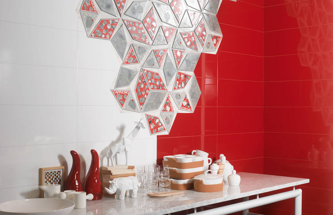 COCINA MODERNA CON REVESTIMIENTO EN ROJO Y BLANCO Porcelanite Dos Paredes y suelos Baldosas y azulejos