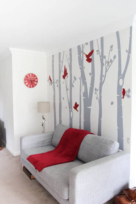 Birch tree forest wall sticker with red birds Vinyl Impression 모던스타일 벽지 & 바닥 벽 장식