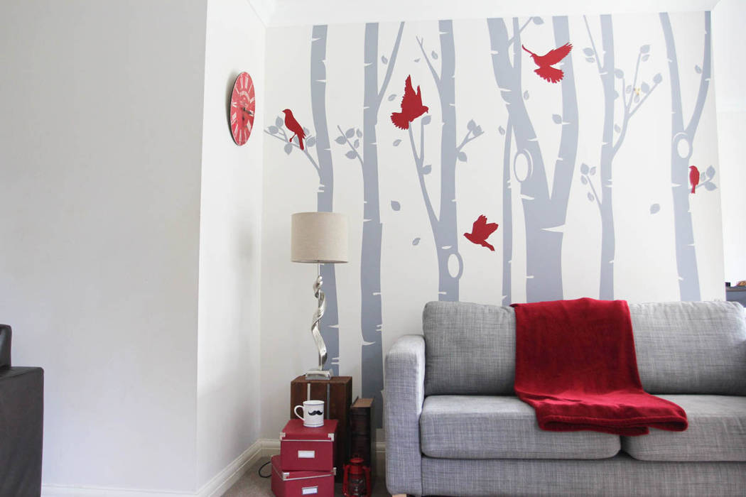 Birch tree forest wall sticker with red birds Vinyl Impression モダンな 壁&床 壁の装飾