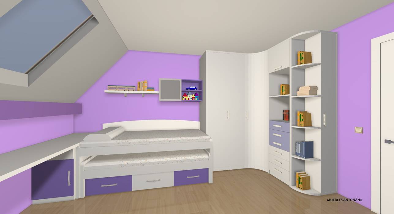 PROYECTOS DE AMUEBLAMIENTO VIRTUAL DE JUVENILES by Muebles ANTOÑÁN , Muebles Antoñán Muebles Antoñán Dormitorios infantiles de estilo moderno Armarios y cómodas