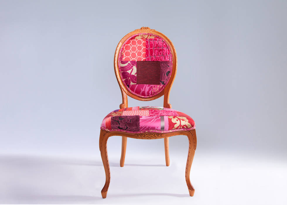 Oval backed luxury patchwork dining chair in reds Suzy Newton Ltd. Eclectic style dining room Chairs & benches
