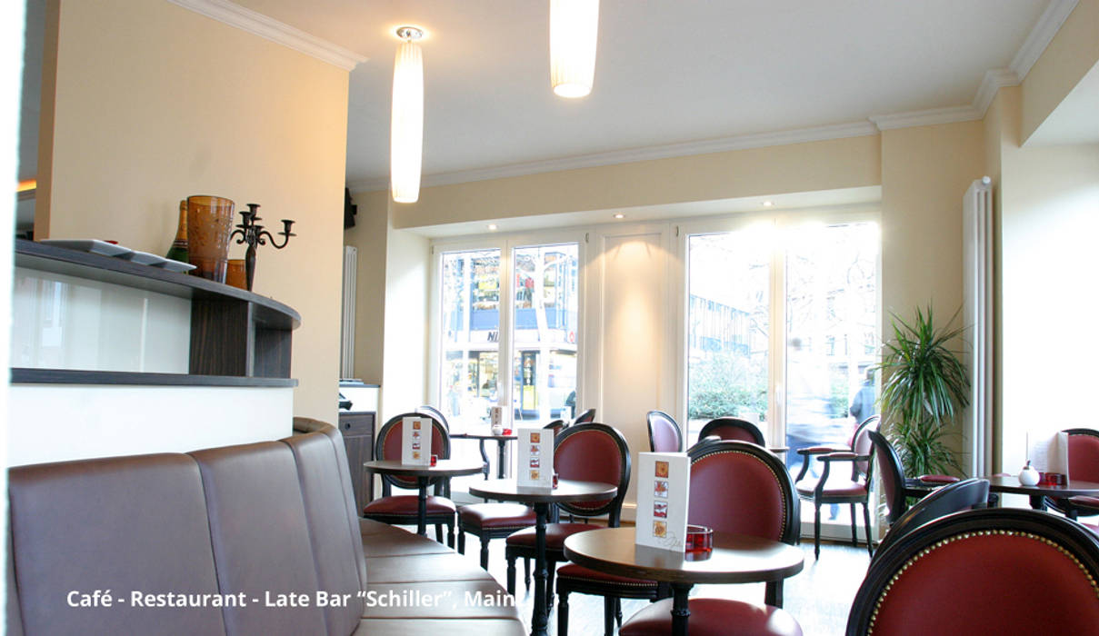 Innenarchitektonische Neugestaltung Café-Restaurant-Late Bar "Schiller" - Mainz, GID / GOLDMANN-INTERIOR-DESIGN GID / GOLDMANN-INTERIOR-DESIGN Gewerbeflächen Bürogebäude