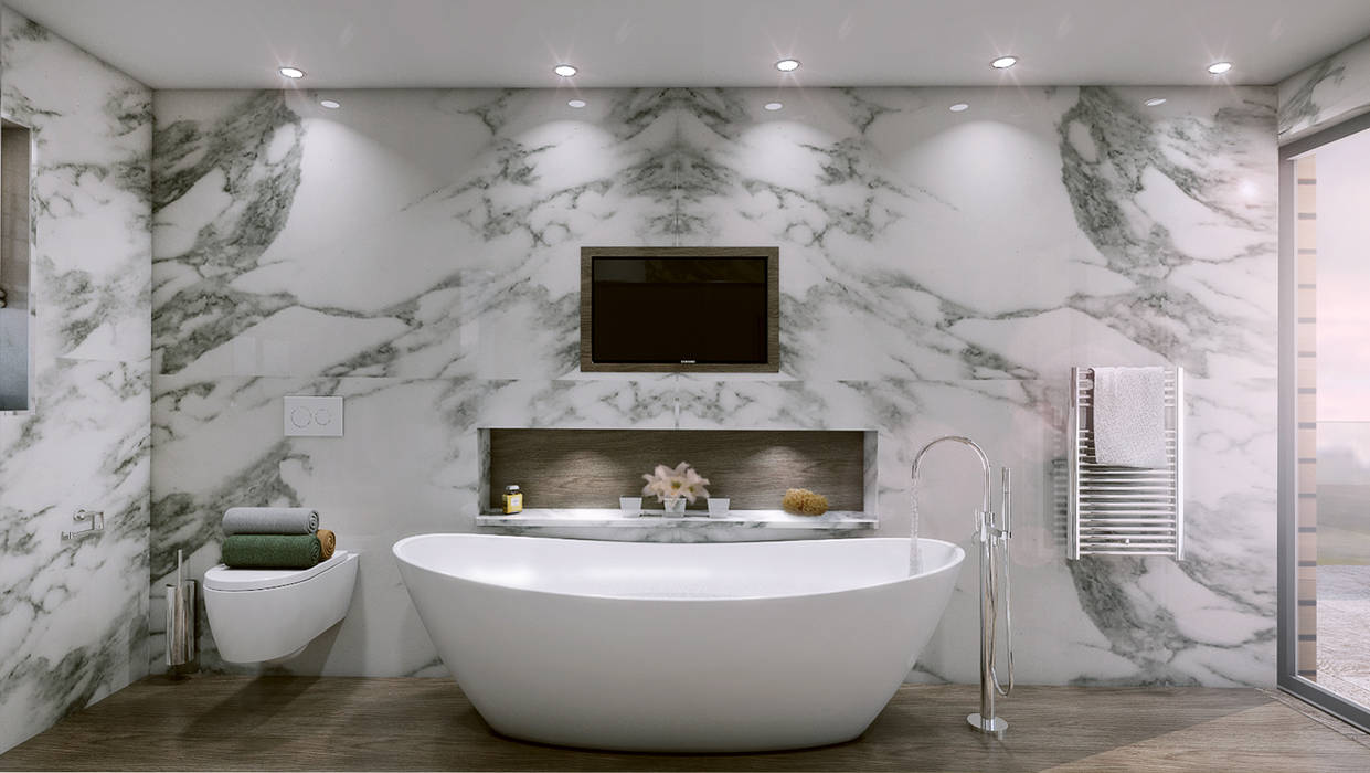 Marble and grey oak bathroom homify Phòng tắm phong cách hiện đại