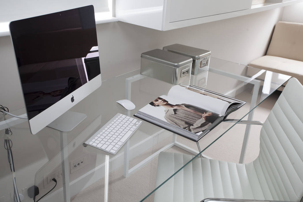 Office Roselind Wilson Design Modern study/office home office,desk,white chair,accessories,glass table,interior design