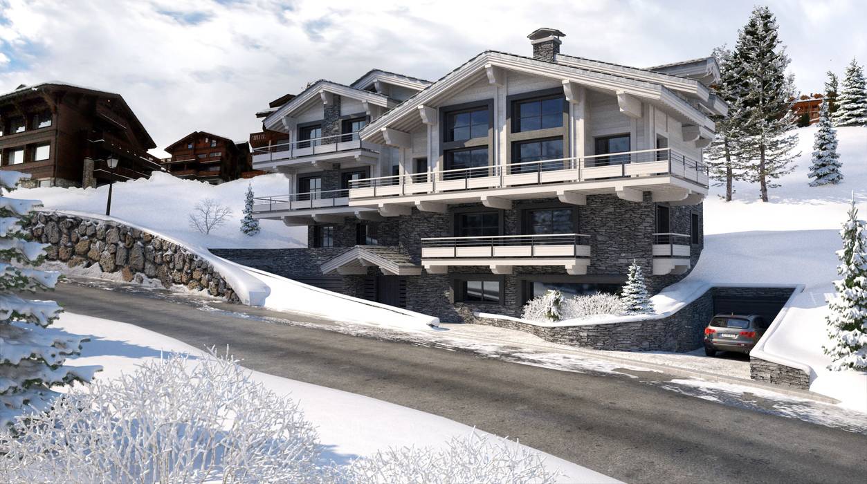 Perspectivas 3D de chalets en la nieve , Realistic-design Realistic-design บ้านไม้