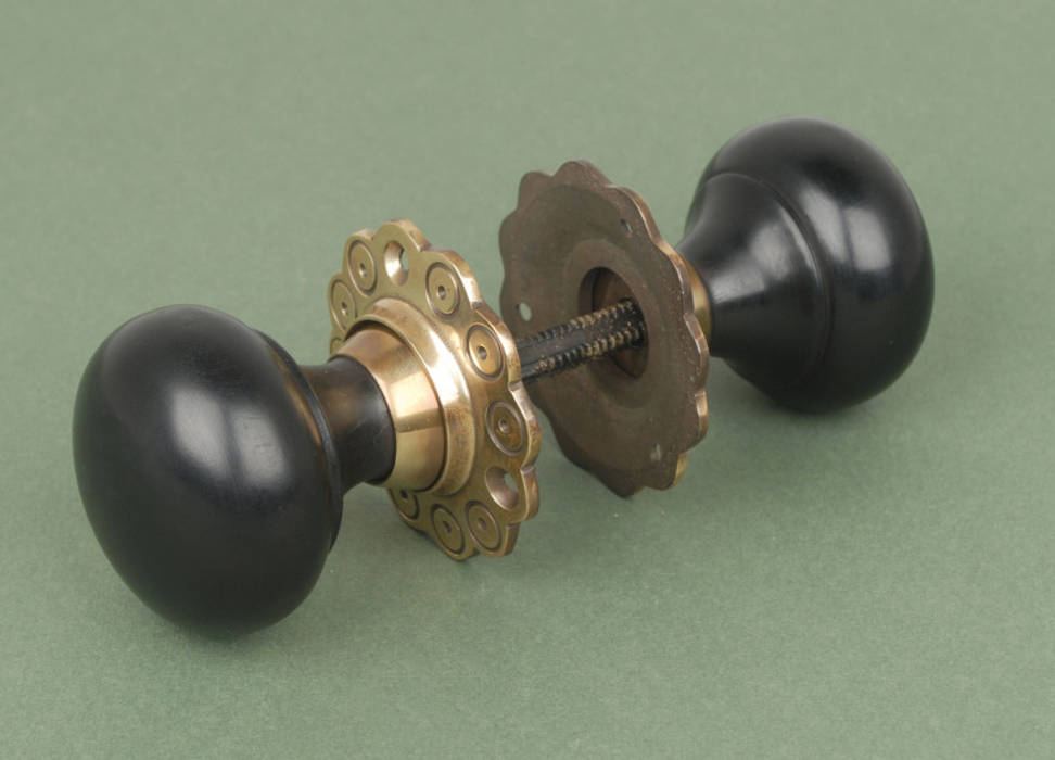 Pair of Solid Ebony Bun Door Knobs - Petal Edged Aged Brass Roseplate UKAA | UK Architectural Antiques Classic style houses Accessories & decoration