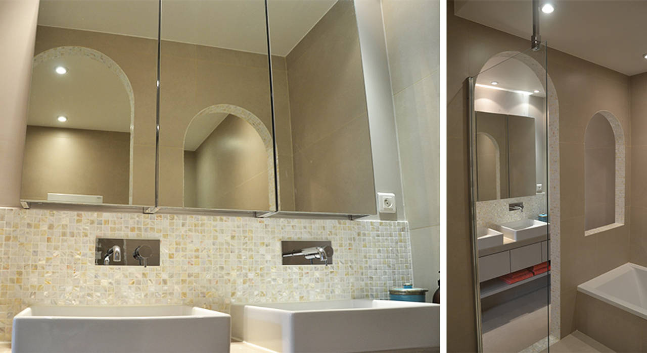 Salle de bain - Duplex Boulogne A comme Archi Salle de bain moderne greès cérame,mosaïque,nacre,douche à l'italienne