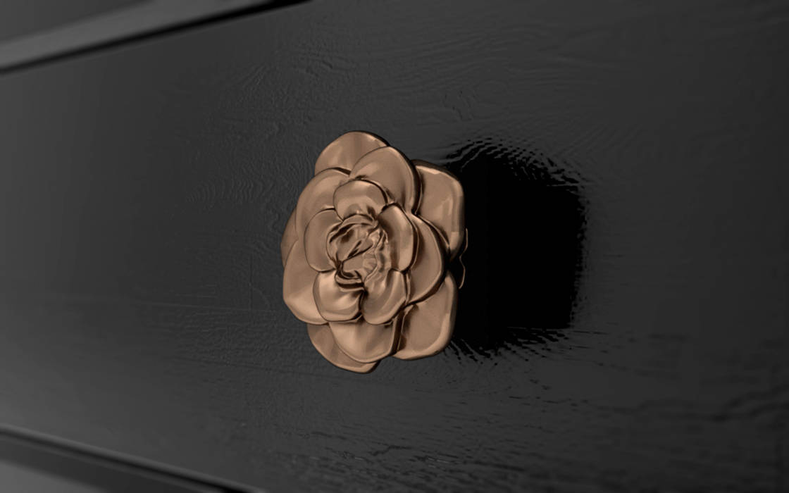 'Caxton Rose Trellis' design as 3D printed drawer handles Caxton Rhode Classic style living room