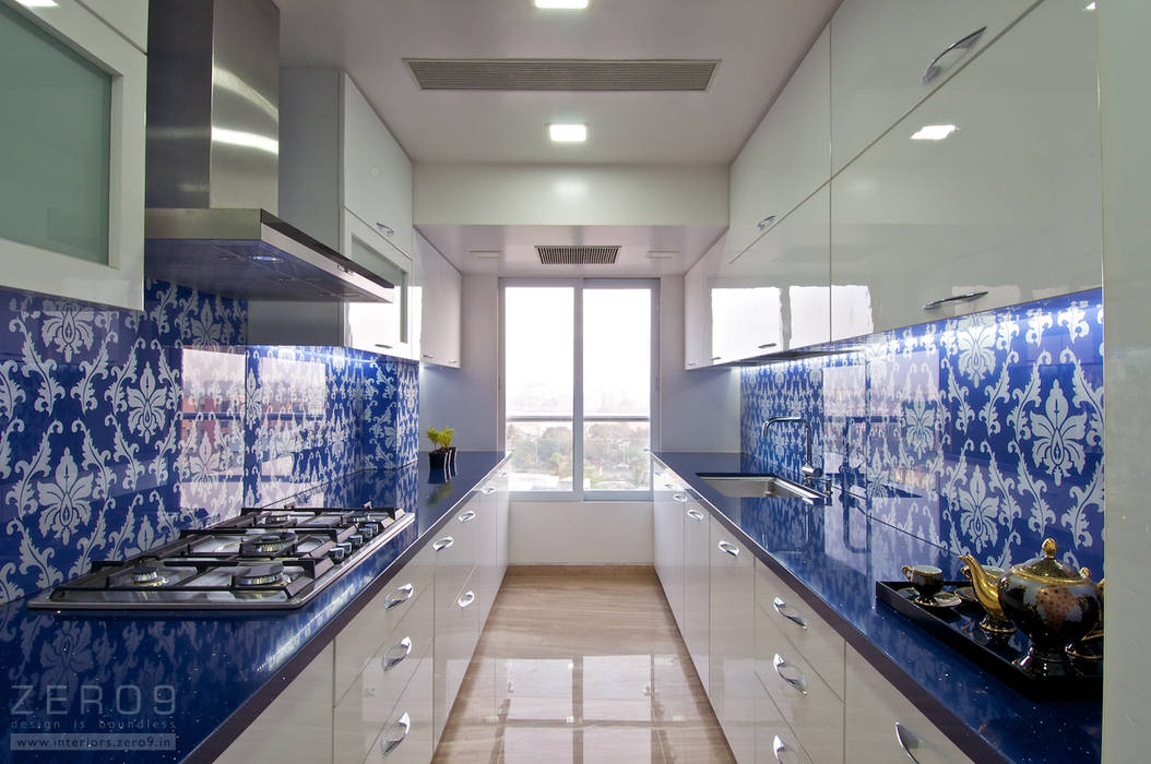 the blue kitchen ZERO9 Modern kitchen Building,Shelf,Lighting,Automotive design,Interior design,Fixture,Architecture,Floor,Flooring,Line