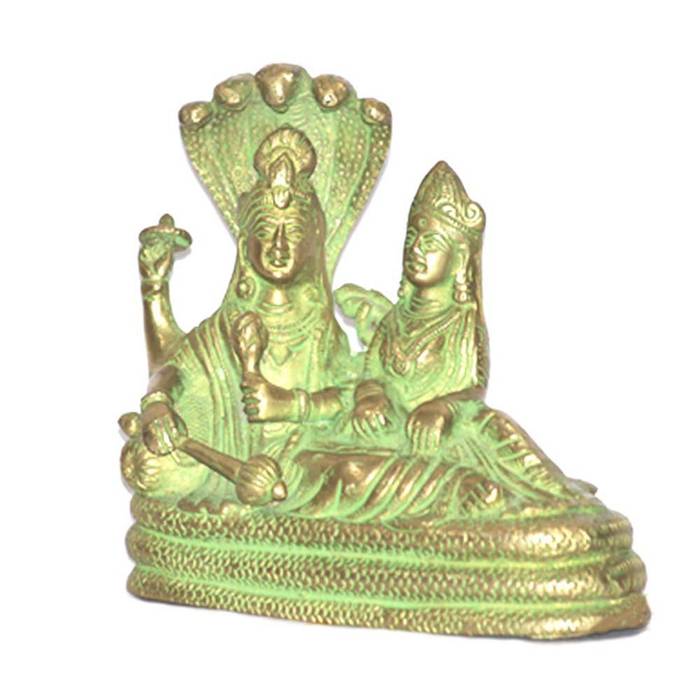 Divine Lord Vishnu Laxmi On Sheshnag Green Brass Sculpture M4design Other spaces Sculptures
