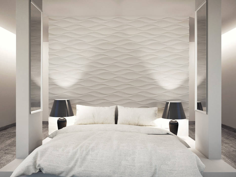 3D Wandpaneele - Design Nr. 24 FLOW Loft Design System Deutschland - Wandpaneele aus Bayern Moderne Schlafzimmer schlafzimmer wand,bettkopf,wände,wanddesign,gestalten,wandpaneele,fliesen,tapete,farbe