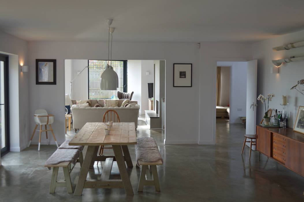 Open plan living on ground floor ArchitectureLIVE open space kitchen,open plan living,dining table,dining room,living room,polished concrete,concrete flooring
