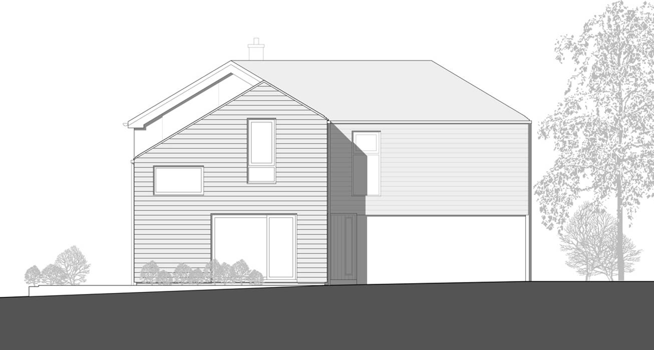 East Elevation Drawing of Two Storey & Over-Garage Extension ArchitectureLIVE 1960s home,extension,two-storey extension,timber cladding,full-height windows,insulated cladding,feature window