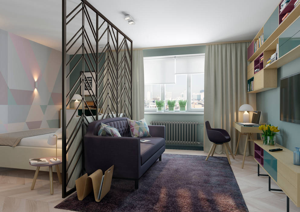Яркая индивидуальность в типовой квартире Anna Clark Interiors Гостиная в скандинавском стиле