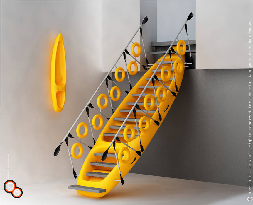 Kayak staircase yellow Preetham Interior Designer 現代風玄關、走廊與階梯