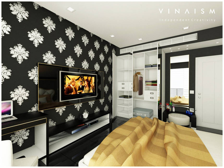 black guest room, V I N A I S M V I N A I S M Bedroom Furniture,Property,Picture frame,Television,Building,Decoration,Orange,Rectangle,Textile,Wood