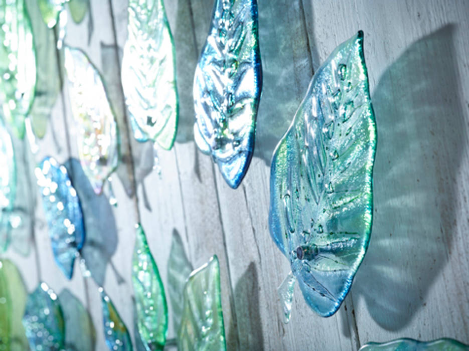 Swirling Leaves: Individually crafted fused-glass leaves mounted on custom made chrome wall fittings, Jo Downs Jo Downs