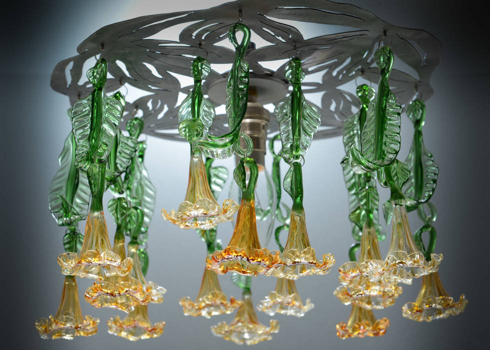 Glass chandelier with amber flowers and leaves A Flame with Desire Modern corridor, hallway & stairs Lighting