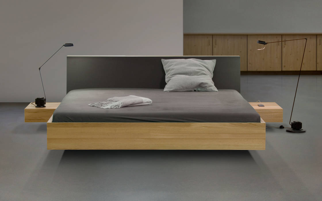 Bed A: stylishes Doppelbett mit Schwebeeffekt, studio jan homann studio jan homann Dormitorios modernos Camas y cabeceras